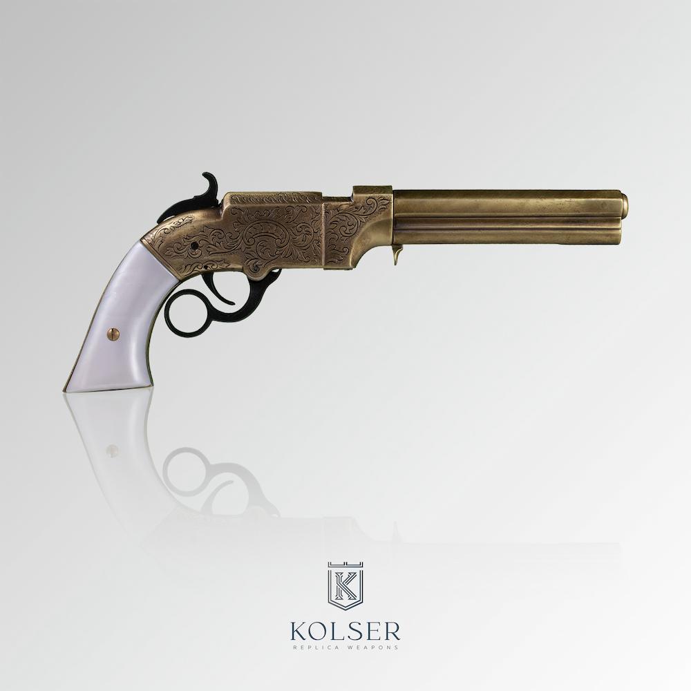 Réplica pistola Volcanic 1854 Kolser cuerpo latón con cacha imitación nácar, perfil izquierdo