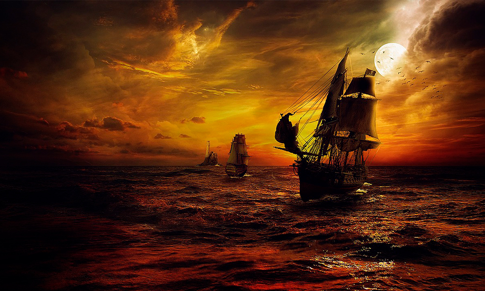 Cuadro de piratas en alta mar con galeones