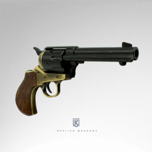Vista Lateral derecho de réplica de revolver Thunderer con cañón y tambor en metal negro y cuerpo dorado con cachas de madera.