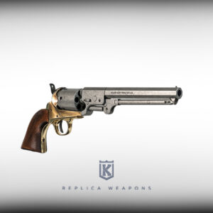 Vista perfil derecho de réplica de revolver Colt Navy 1851 calibre 36 con tambor y cañón en metal envejecido, cuerpo dorado y cachas de madera.