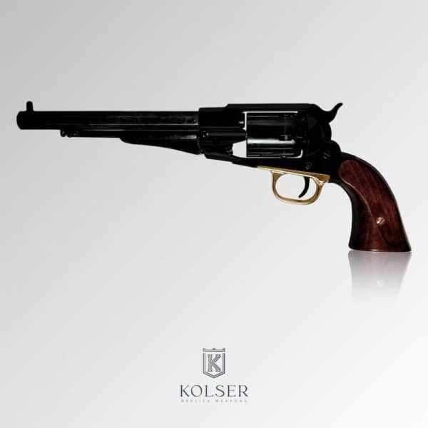 Réplica Non-firing del revolver Remington 1858 fabricado por Kolser en acabado color negro con cachas de madera. Vista lateral izquierda