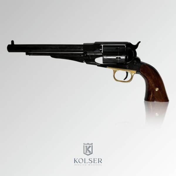 Réplica Non-firing del revolver Remington 1858 adaptado para cartuchos metálicos fabricado por Kolser en acabado color negro con cachas de madera. Vista lateral izquierda