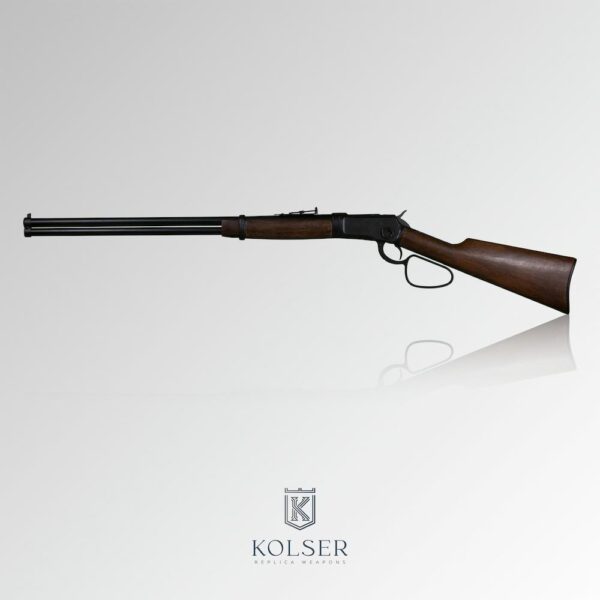 Vista lateral izquierda de réplica de rifle winchester long range 1892 de 108 cm con caja de mecanismos en color negro.