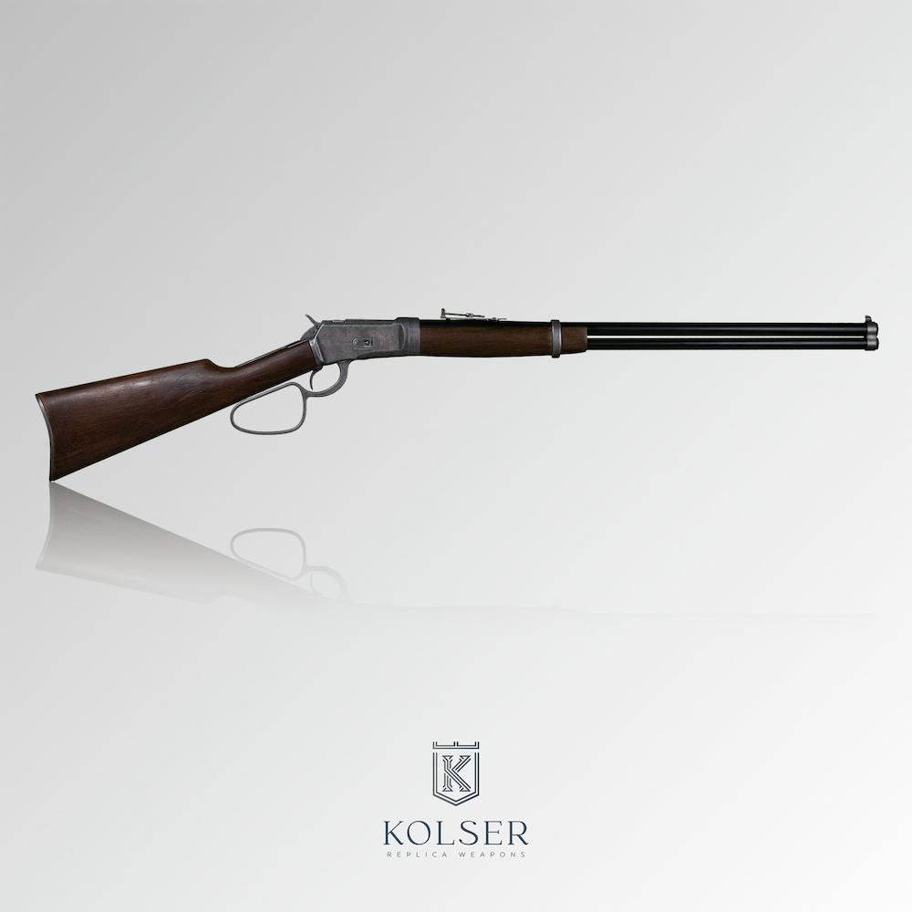 Vista lateral derecho de réplica de rifle winchester long range 1892 de 108 cm con caja de mecanismos en color pavón.