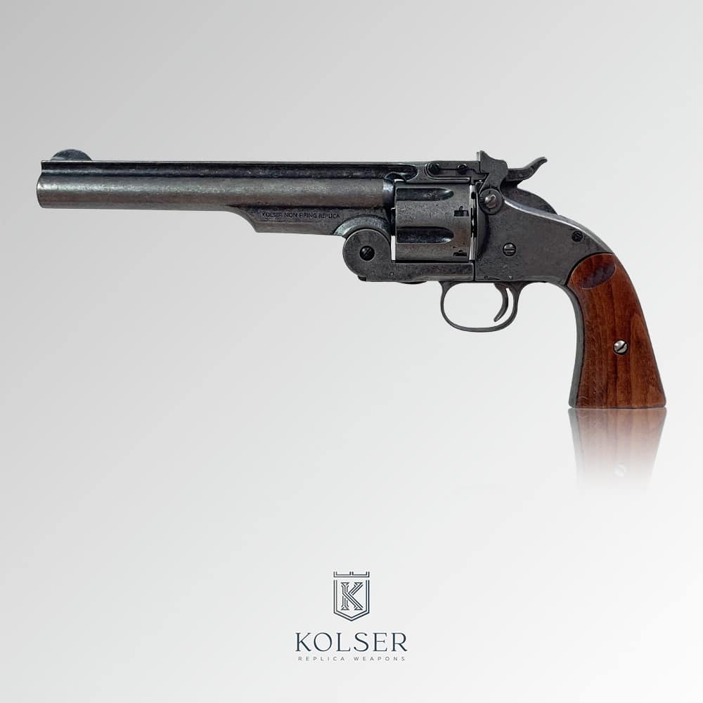 Réplica del revolver Schofield Smith and Wesson Modelo 3 de Kolser. Acabado en pavonado envejecido, vista perfil derecho.